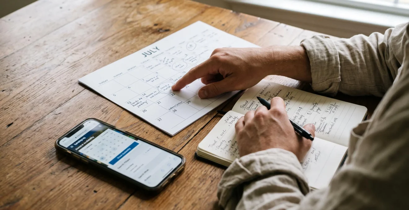 Hands compare calendar dates and a booking page on a phone at a wooden table.
