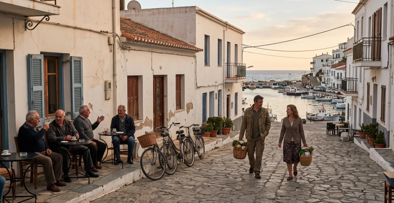 A couple crosses a quiet coastal village square near the harbour in early evening light.
