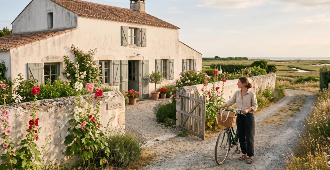 A guest opens the gate of a whitewashed private villa surrounded by hollyhocks on a quiet island lane.