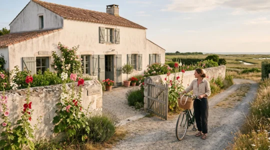 A guest opens the gate of a whitewashed private villa surrounded by hollyhocks on a quiet island lane.