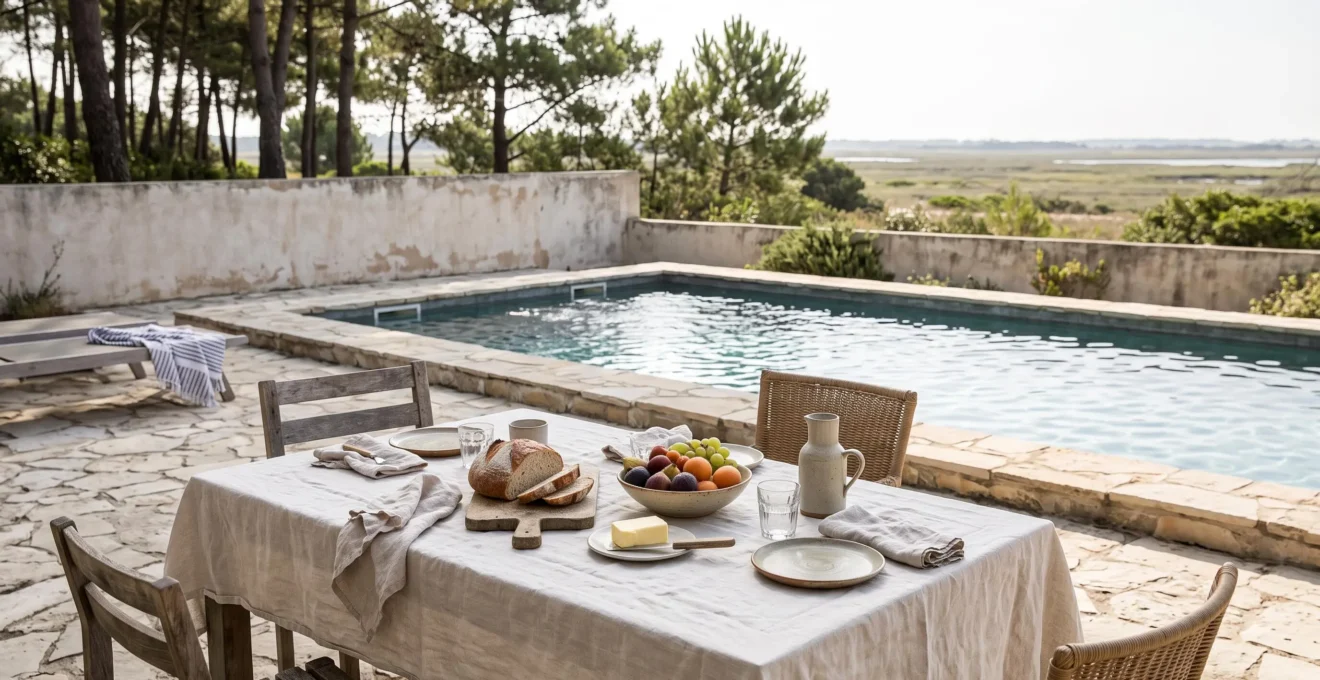 A villa terrace set for breakfast overlooks a private pool bordered by natural stone decking.